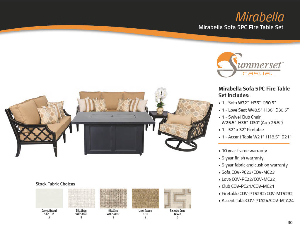 Mirabella Sofa 5PC Fire Table Set